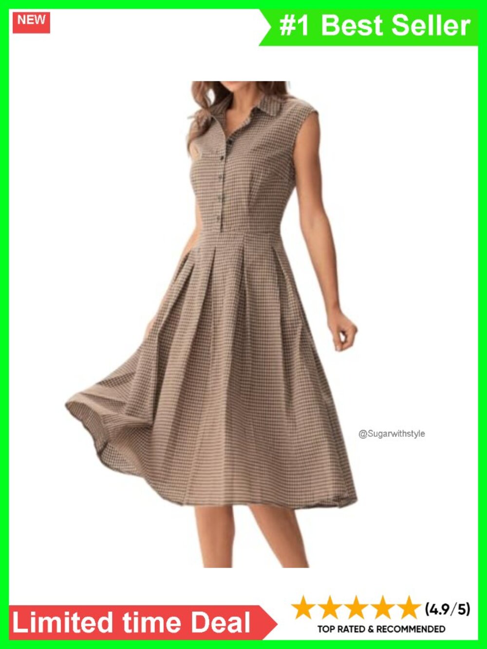 Plaid Sleeveless Shirt Dress Summer Slim-Fit Midi Dress